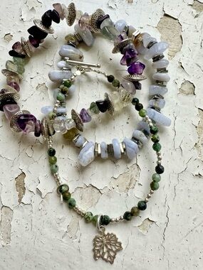 Three Silver Earthy Chunky Bracelets - Blue Lace Agate, Turquoise, Hematite